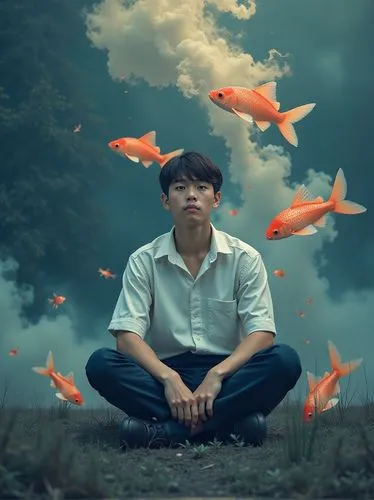 conceptual photography,photo manipulation,bengi,goldfish,imaginasian,meditator