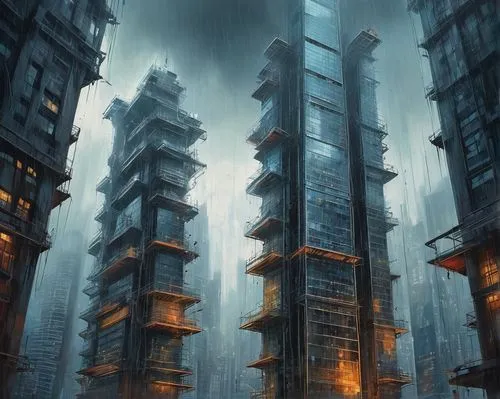 Modern skyscraper, blocking architecture, urban cityscape, steel beams, concrete columns, glass facade, metallic texture, angular structure, complex composition, futuristic atmosphere, dramatic lighti