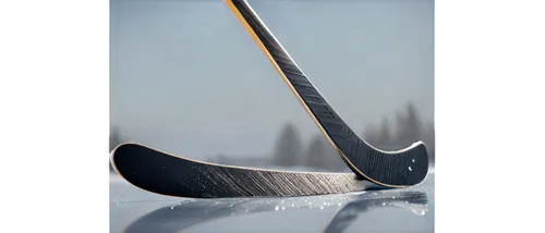 Hockey stick, wooden texture, worn grip tape, silver metal blade, black handle, curved shape, lying on ice, morning sunlight, shallow depth of field, realistic reflection, cinematic composition, 3/4 v