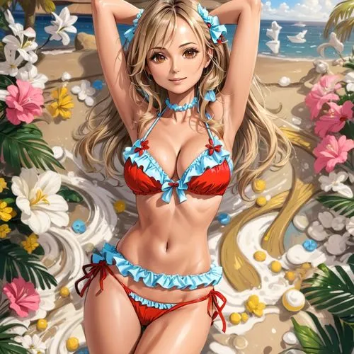 frilly bikini, Stacey keibler,a woman in a bikini is laying down with flowers around her,beach background,candy island girl,summer background,gyaru,fantasy girl,anime 3d,Anime,Anime,General