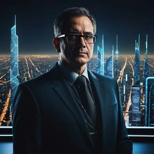 Cybersecurity expert, mature man, strong facial features, short hair, glasses, formal wear, standing in front of a futuristic cityscape, skyscraper, neon lights, complex network diagram, screens displ