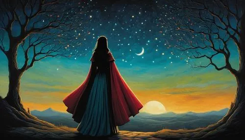 red riding hood,little red riding hood,cloak,red cape,llorona,cloaked,burqa,woman silhouette,hosseinpour,oscura,fantasia,hanging moon,abaya,majnun,orona,pilgrim,bruja,world digital painting,nacht,fantasma,Illustration,Abstract Fantasy,Abstract Fantasy 19