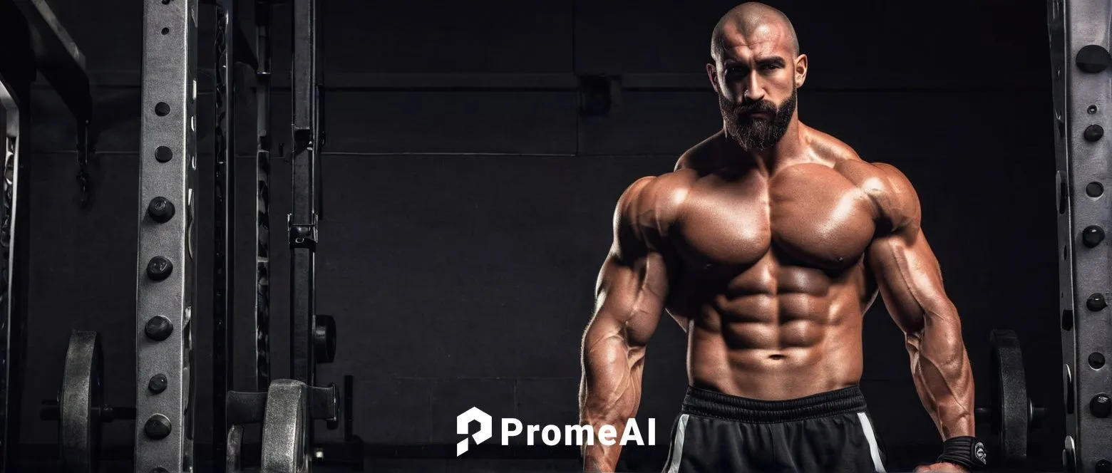 Muscular man, bodybuilder, Futa, 25yo, shaved head, strong facial features, intense gaze, thick beard, mustache, sweat droplets, athletic physique, massive biceps, triceps, chest muscles, ripped abs, 