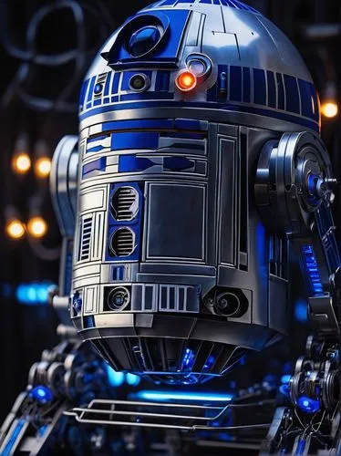 R2D2 robot, detailed mechanical body, metallic silver and blue, glowing blue circuits, bright LED eyes, intricate wires, shiny metal limbs, complex structure, futuristic design, neon lights reflecting