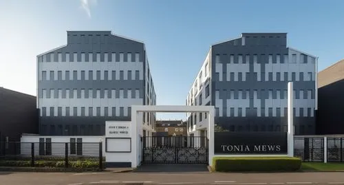 COLRS SHOULD BE GREY AND WHITE, GATE BLACK, SIGN ON BUILDING TONIA MEWS, NO DISTORTION OF IMAGE, ,industrial building,itaru,kresnik,itochu,sewing factory,kotoko,lusaka,heavy water factory,iwa,metaldyn