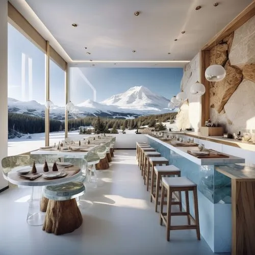 Modern Cafe Design Layout: The seating arrangement and dimensions in the main visual will be applied exactly as they are. The concept in the reference visual, transparent glacier mountain themed table