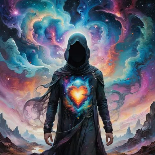 nebula guardian,astral traveler,conjurer,oracular,the heart of,andromeda,mahavatar,samuil,morpheus,heart chakra,archmage,dormammu,transmutation,transmute,prospera,cloak,singularity,the universe,nebula,archangel,Illustration,Realistic Fantasy,Realistic Fantasy 07