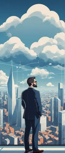 Cloud architect, mature man, 30s, professional attire, suit and tie, glasses, short hair, beard, standing in front of a large screen displaying cloud infrastructure, hands behind back, confident postu