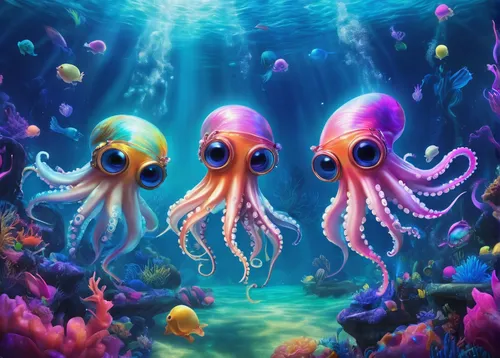 cephalopods,squids,cephalopod,sea creatures,squid game card,calamari,squid game,under sea,fun octopus,deep sea,squid rings,sea animals,octopus,sea-life,aquarium inhabitants,kraken,octopus tentacles,underwater background,undersea,pink octopus,Illustration,Realistic Fantasy,Realistic Fantasy 37