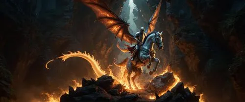 a demonic, winged creature on a rock with a massive body of fire,firedrake,balrog,tiamat,dragon fire,surtur,charizard