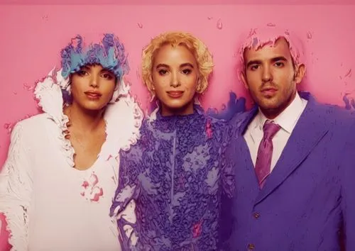 three people pose together with a background that looks like they are wearing a veil and hairpiece,electropop,peptides,pop art colors,colorants,modern pop art,whigfield,Photography,Artistic Photograph