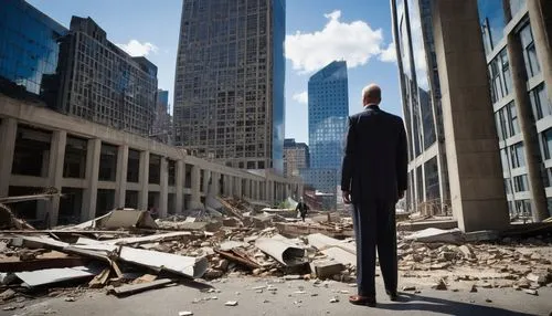 lexcorp,gundlach,destroyed city,wall street,stock market collapse,skyfall,oscorp,damages,fountainhead,salaryman,businessman,unfurnished,financial crisis,ground zero,black businessman,risk management,business world,deregulation,deindustrialization,foreclosed,Conceptual Art,Fantasy,Fantasy 29