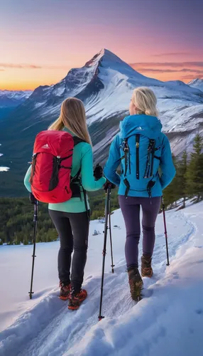 2girls,two teen girls hiking up a mountain,breathtaking view of stunning snow topped mountain range,hiking gear,walking stick,back sack,bleach blonde hair,tall pine trees,yoga pants,gore-tex jacket,<l