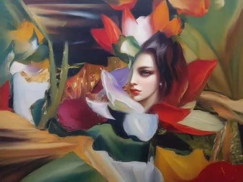 girl in flowers,girl in a wreath,lillies,kahila garland-lily,lilies,flower painting,meticulous painting,oil painting,flora,girl in the garden,italian painter,torch lilies,oil on canvas,lady tulip,oil 