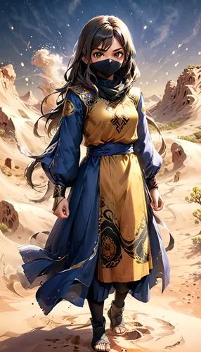 monsoon banner,desert background,merzouga,wind warrior,the wanderer,hamearis lucina,sossusvlei,wuchang,bedouin,monk,yi sun sin,adventurer,mongolian,desert flower,goki,yang,bard,zodiac sign libra,dark blue and gold,sandstorm,Anime,Anime,General