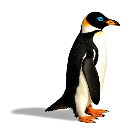 penguin, solo, adult, black back, white belly, orange beak, blue eyes, flipper feet, standing, profile view, soft focus, warm lighting, shallow depth of field, cinematic composition.,penguin,dwarf pen