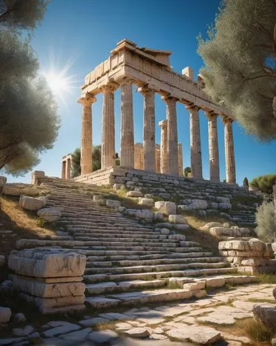 Ancient Greek temple, 2500 years old, historic site, sunny day, blue sky with few clouds, stone structure, marble columns, intricate carvings, worn-out stairs, tourists walking around, taking photos, 