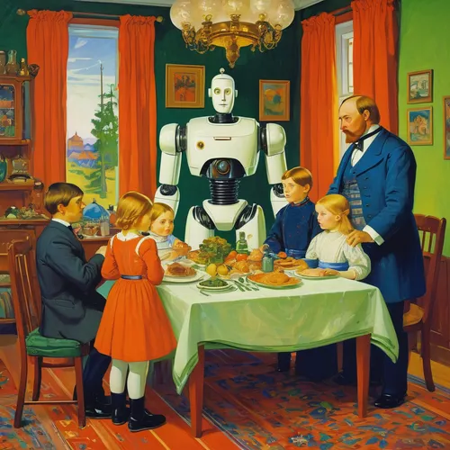 Imagine a futuristic society where families are raised by robots instead of parents. Describe a day in the life of such a family.,robots,robot,man with a computer,robotics,minibot,robot icon,robot in 