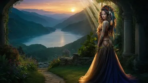 fantasy picture,fantasy art,fantasy landscape,faerie,fantasy portrait,celtic woman,faery,fantasy woman,rapunzel,mystical portrait of a girl,celtic harp,elven,the enchantress,sorceress,celtic queen,heroic fantasy,the mystical path,blue enchantress,landscape background,girl in a long dress