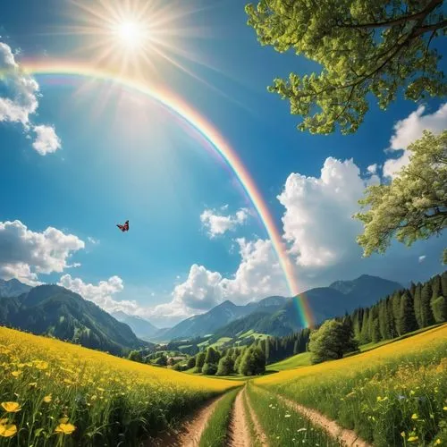 (from below, the sky above, open fields below), blue sky, white clouds, sun, sunlight, fields, mountains, trees, butterfly, meadows, flowers, wind, sunshine, (dynamic composition: 1.4), rich detail, r