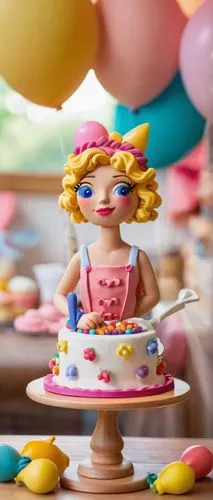 A beautifully decorated cake, sweet tooth fairy, sparkly eyes, blonde curly hair, pink dress with white apron, holding a spatula, standing in front of a colorful dessert table, layered cake with cream