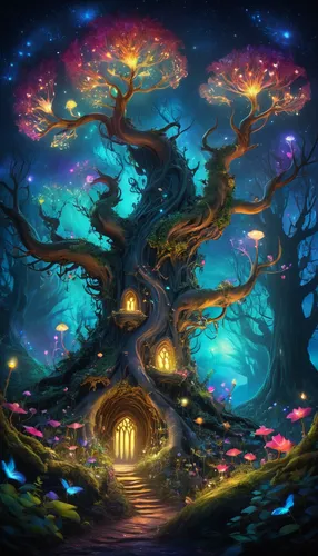 magic tree,fairy forest,mushroom landscape,colorful tree of life,druid grove,fairy village,fairy world,tree of life,celtic tree,enchanted forest,wondertree,oak tree,flourishing tree,elven forest,fairy house,tree house,fantasy landscape,fairytale forest,fantasy picture,rosewood tree,Illustration,Realistic Fantasy,Realistic Fantasy 02