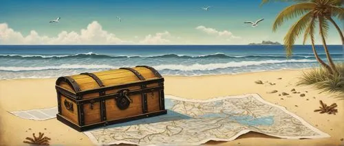 treasure chest,beach landscape,beach furniture,suitcase,travel destination,treasure map,south pacific,travel trailer poster,beach scenery,parcel post,beach hut,suitcases,dream beach,attache case,golden sands,sea-shore,seaside resort,treasure hunt,tropical sea,sand art,Illustration,Realistic Fantasy,Realistic Fantasy 11