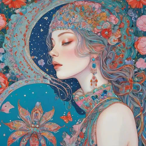 fairie,persephone,kommuna,blue moon rose,melusine,flowers celestial,klimley,cosmic flower,moonflower,diwata,flower fairy,ophelia,stargazer,fairy galaxy,celestial,opal,mucha,ostara,amphitrite,eckmann,Illustration,Abstract Fantasy,Abstract Fantasy 04