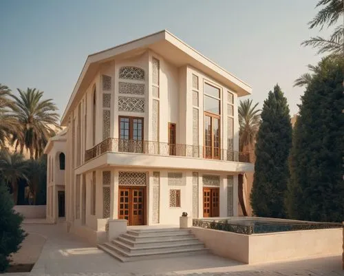 a building with a lot of windows and a lot of steps,mahdavi,quasr al-kharana,qasr al watan,sursock,qasr al kharrana,hala sultan tekke,Photography,General,Cinematic