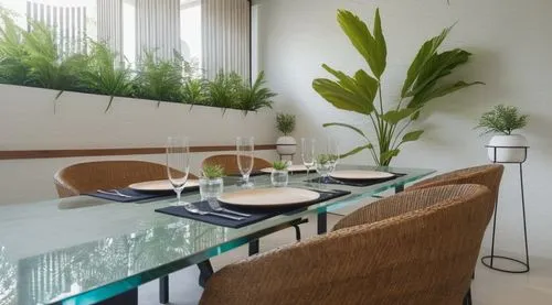 The image depicts a modern dining room with a large glass table surrounded by greenery and white walls.,bamboo plants,dining table,house plants,houseplants,philodendron,dining room table,modern decor,