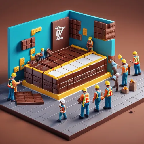 miniature builders in front of huge chocolate bar, photo realistic, shallow depth of field, clear details, octane render,construction set toy,construction toys,construction set,isometric,factory brick