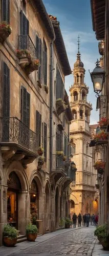 Historic cityscape, ancient architecture, cultural heritage, grand stone buildings, ornate facades, intricate carvings, Gothic spires, Renaissance columns, Baroque decorations, vibrant street performe