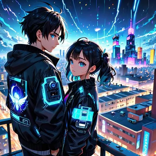 above the city,jacket,boy and girl,cyber,city lights,cyan,cyberpunk,tokyo city,electronic,cg artwork,cityscape,would a background,love background,tokyo,dusk background,ganai,music background,honolulu,anime japanese clothing,sakana,Anime,Anime,Cartoon