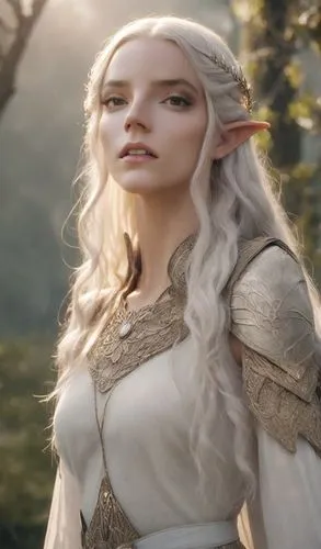 Elf Queen, Lord of Rings movie scene,a woman in a white outfit with grey hair,galadriel,wallonien,margairaz,violet head elf,aegon,elona,Photography,Cinematic