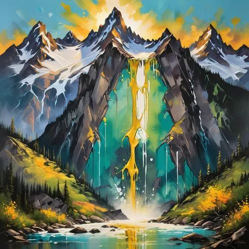 cascades,mountain scene,the spirit of the mountains,mountain landscape,mountains,painting technique,Conceptual Art,Graffiti Art,Graffiti Art 08