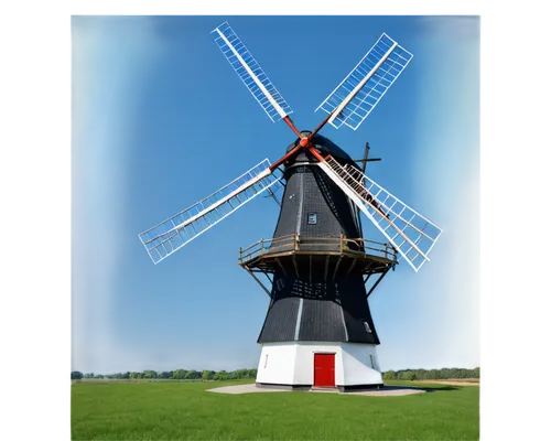 Windmill, Netherlands, traditional architecture, wooden structure, white walls, blue roof, large blades spinning, sunny day, clear sky, green grass, 3/4 composition, warm lighting, soft focus, cinemat