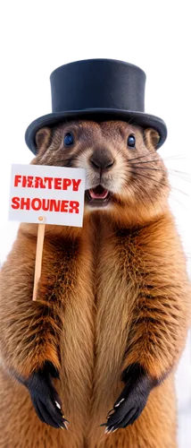 Groundhog Day logo, round shape, colorful, Punxsutawney Phil, cute face, whiskers, top hat, winter coat, holding a sign, February 2nd, snowy background, bright blue sky, white clouds, festive atmosphe