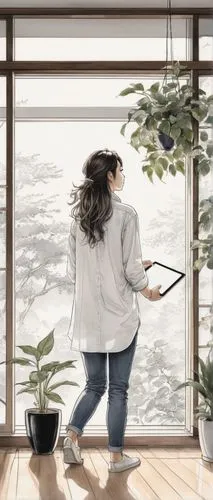 ikebana,greenhouse,houseplant,digital painting,houseplants,indoor,windowsills,hanging plants,house plants,windowsill,jiaying,gardening,garden maintenance,sunroom,bonsai,digital drawing,overpainting,wakame,propagating,watering,Illustration,Paper based,Paper Based 30