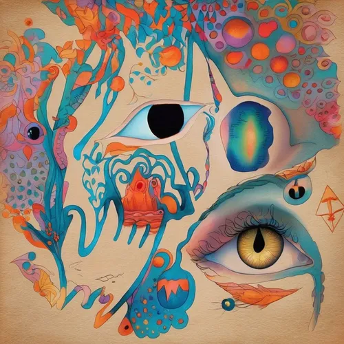 The Eye, The Hands and The Geometry of Life.,psychedelic art,cosmic eye,dali,third eye,masquerade,psychedelic,el salvador dali,sugar skull,abstract eye,ojos azules,1971,hallucinogenic,multicolor faces