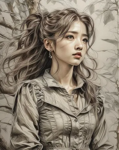 mystical portrait of a girl,han thom,fantasy portrait,chinese art,japanese art,junshan yinzhen,world digital painting,janome chow,little girl in wind,digital painting,yi sun sin,oil painting on canvas,songpyeon,girl with tree,portrait of a girl,girl portrait,oil painting,luo han guo,japanese woman,oriental painting