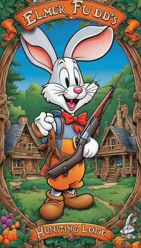 Design a colorful cartoon poster advertising Elmer Fudd's hunting lodge during wabbit season,happy easter hunt,cd cover,no hunting,action-adventure game,coloring book for adults,thumper,hare field,har