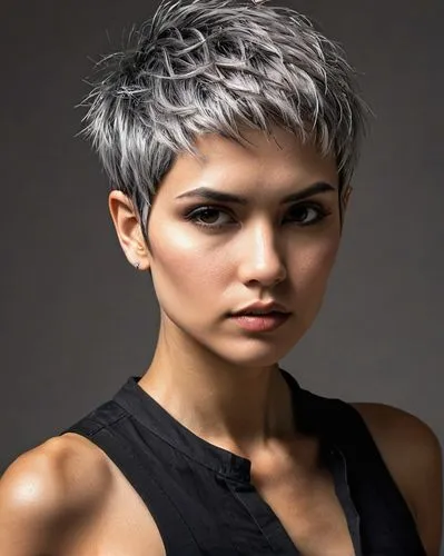 asymmetric cut,pixie cut,artificial hair integrations,pixie-bob,grey fox,silver fox,silver,pixie,management of hair loss,natural color,portrait photography,silvery,colorpoint shorthair,portrait photographers,mohawk,portrait background,female model,natural cosmetic,gray color,short blond hair,Illustration,Realistic Fantasy,Realistic Fantasy 12