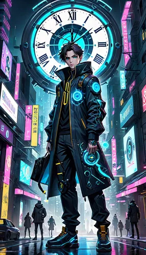 clockmaker,clockwork,cyberpunk,cyber,time,time traveler,pandemic,sci fiction illustration,time spiral,clocks,clock,chronometer,out of time,clock face,watchmaker,time square,streampunk,time display,time pointing,street clock,Anime,Anime,General