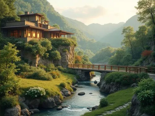 wudang,japan landscape,shaoming,rivendell,asian architecture,south korea,beautiful landscape,beautiful japan,house in mountains,scenic bridge,house in the mountains,wooden bridge,teahouse,river landscape,wenchuan,landscapes beautiful,shannxi,oriental,nature landscape,home landscape,Photography,General,Realistic