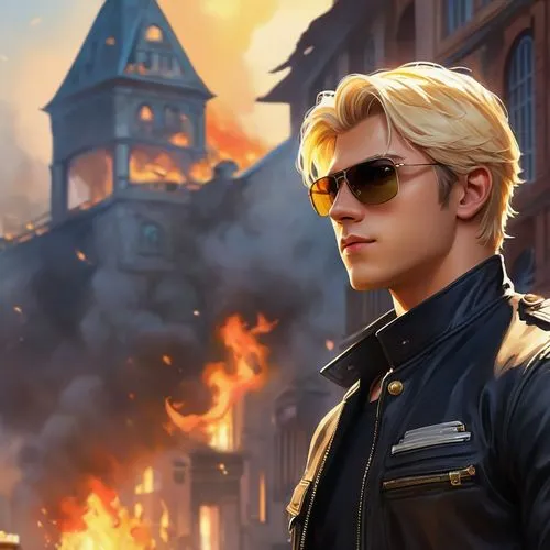 wesker,holtzmann,jace,kaz,greaser,aviators,thermite,constantine,blazkowicz,fire background,kommissar,ignis,terminator,steve rogers,anduin,sparda,melikov,arcangelo,rugal,dragomir,Illustration,Realistic Fantasy,Realistic Fantasy 01