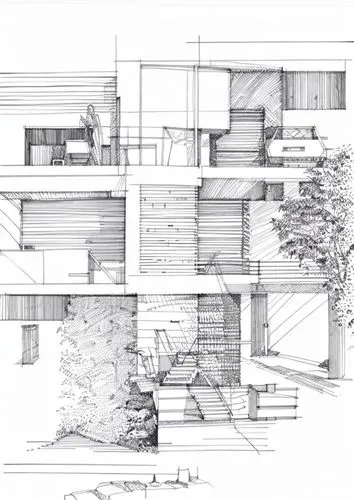 an architectural drawing shows an open space with various levels,cantilevers,house drawing,revit,cantilevered,archidaily,zumthor,Design Sketch,Design Sketch,Hand-drawn Line Art