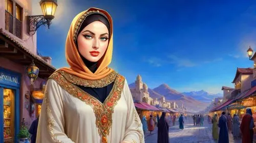 Romantic masterpiece oil painting, beautiful girl portrait, abaya dress, nostalgic 1950's style kitsch, breathtaking beautiful epic vast landscape, majestic scenery, street bazaar, desert marketplace,