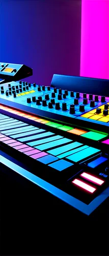 Upbeat electronic dance music, fast tempo, synthesizer lead, futuristic ambiance, bright colorful lights, DJ console, mixing board, headphones, studio microphone, sound waves, equalizer display, neon 