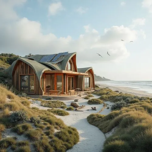 Coastal community center, organic architecture, beachside, curved lines, natural materials, wood accents, green roof, solar panels, large windows, ocean views, waves crashing, seagulls flying, sandy d