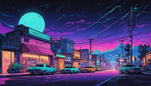 suburb,night scene,colorful city,neighborhood,neon lights,neighbourhood,neon arrows,night glow,dusk background,nightscape,neon light,city lights,neon coffee,neon,neon ghosts,street lights,aesthetic,evening city,nightlife,night highway,Illustration,Japanese style,Japanese Style 06